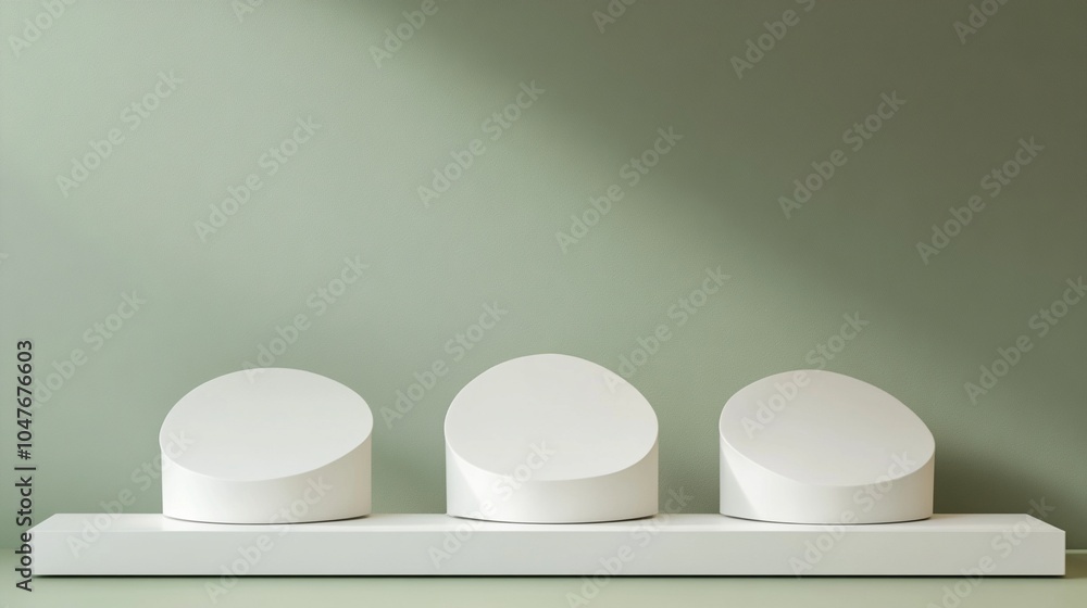 Poster minimalist composition featuring three white cylindrical objects on a pale shelf against a sage gree