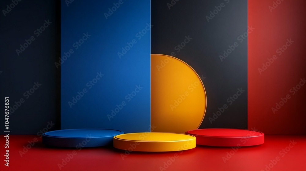 Poster vibrant geometric composition featuring circular podiums in primary colors against a backdrop of bol