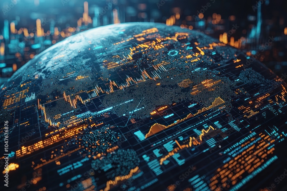 Poster Digital Globe with Data Visualization and a Cityscape in the Background