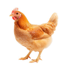 Fototapeta premium A vibrant hen standing proudly against a white background, showcasing its bright feathers and lively posture.