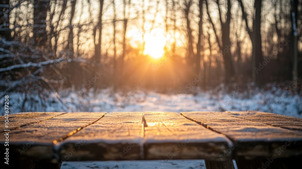 Aufkleber a wooden table sits in the foreground of the image with a snowy forest in the background. the sun is