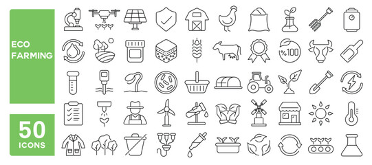 Set of 50 line icons related to eco farming, agriculture, ecology, plantation, recyclable, clean, science, agronomy, Editable stroke. Vector illustration