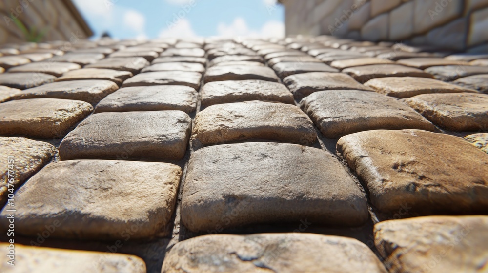 Poster close-up view of a cobblestone path leading into a village.