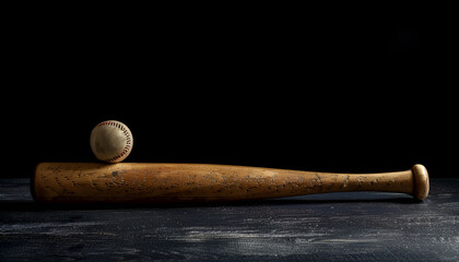Fototapeta premium Baseball bat and ball on black background. Sports equipment