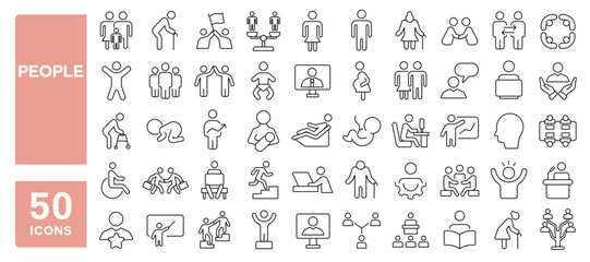 Set of 50 line icons related to people, community, group, team, family, old, young, children, relationship, Editable stroke. Vector illustration