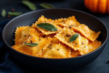 Close-up of pumpkin ravioli seasoned with grated cheese, pepper and sage leaves, served in a dark bowl
