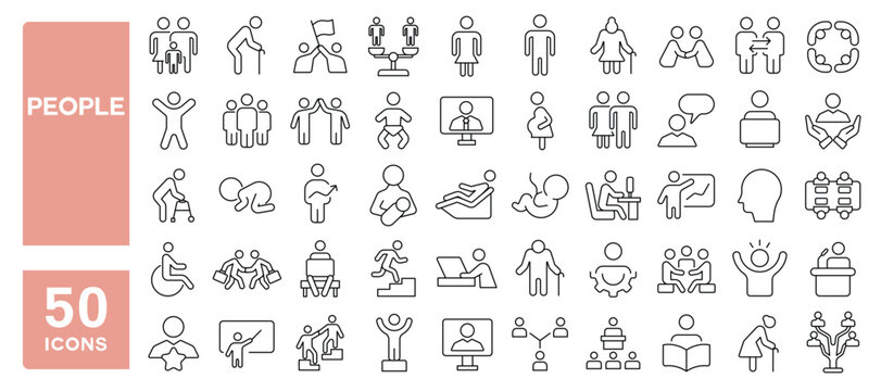 Set of 50 line icons related to people, community, group, team, family, old, young, children, relationship, Editable stroke. Vector illustration