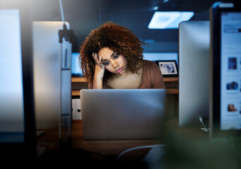 Woman, laptop and work stress at night in office, employee burnout and anxiety for article...