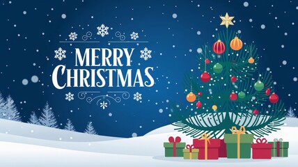 Snowy landscape with Christmas tree, presents, and Merry Christmas text on a dark blue background. Flat cartoon style illustration. Christmas holiday card design for print.