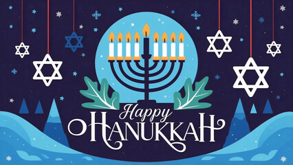 A vibrant card with "Happy Hanukkah" elegantly stylized font on bottom, a small menorah with lit candles are surrounded by hanging David stars and snowflakes, blue night with stars background