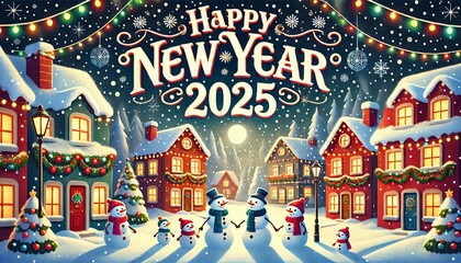 Festive snowy village with houses, snowmen, and Happy New Year 2025 text. Colorful night scene. Holiday greeting card design for print.