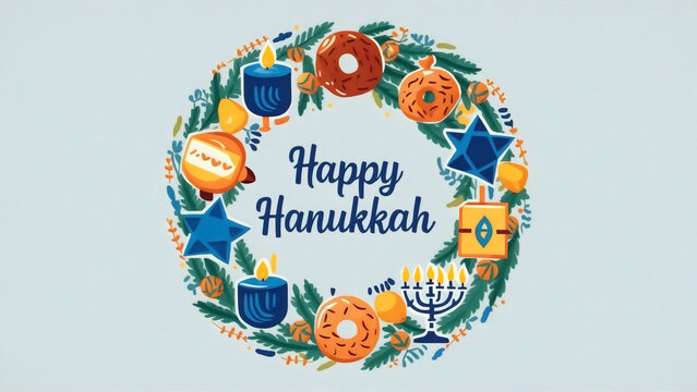 A vibrant wreath card of dreidels, donuts, menorah candles, and stars in blue, celebrating "Happy Hanukkah" on a white background, banner, invitation, flat style design, conceptual art