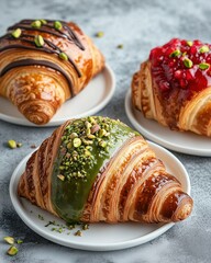 Three croissants with different toppings on a white plate