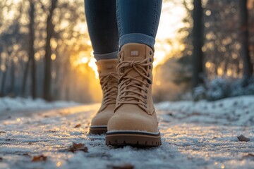 A person enjoys a peaceful winter walk on a snowy path during golden hour while wearing warm boots for comfort