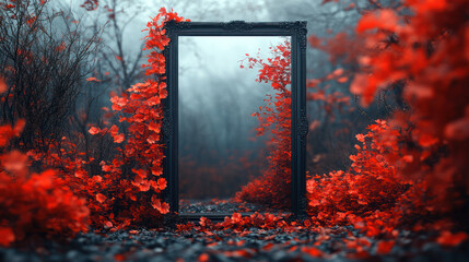 ornate frame in vibrant red autumn forest with misty background