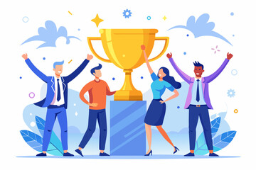 Teamwork and Success Concept with Business Team Lifting a Golden Trophy