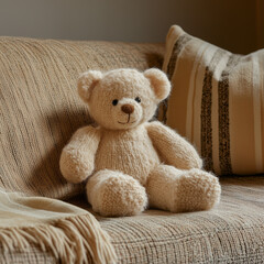 A knitted plush beige mohair teddy bear sits on a chair next to a cozy cashmere blanket.