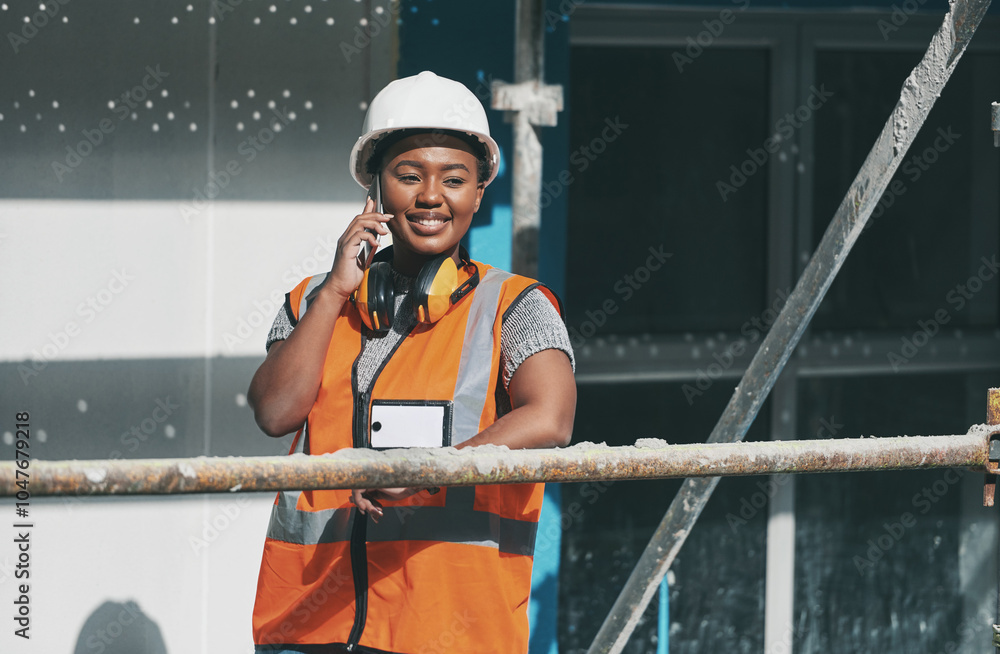 Poster smile, phone call and black woman on construction site with building, communication and architecture