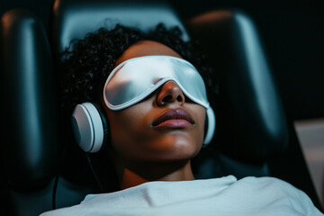 Patient reclining in a chair with headphones and eye mask during a ketamine infusion therapy session