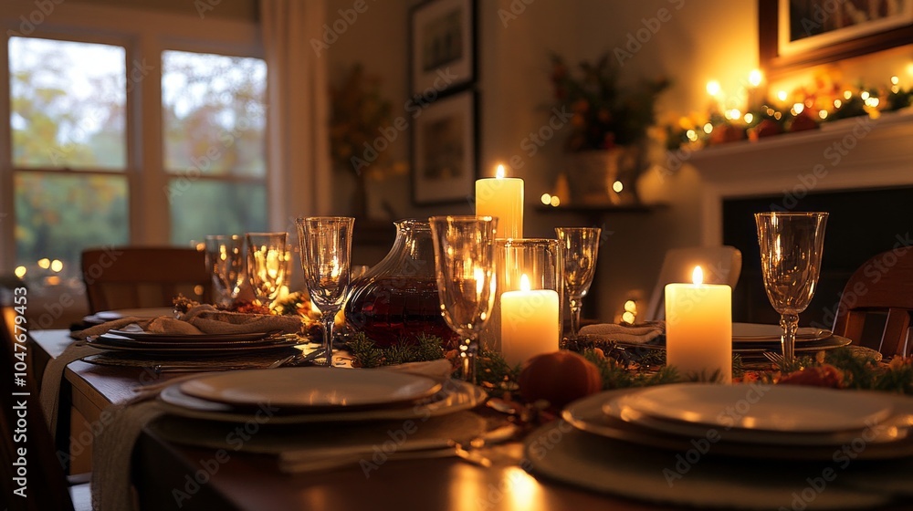 Poster a table with a candle lit on it and a vase of flowers