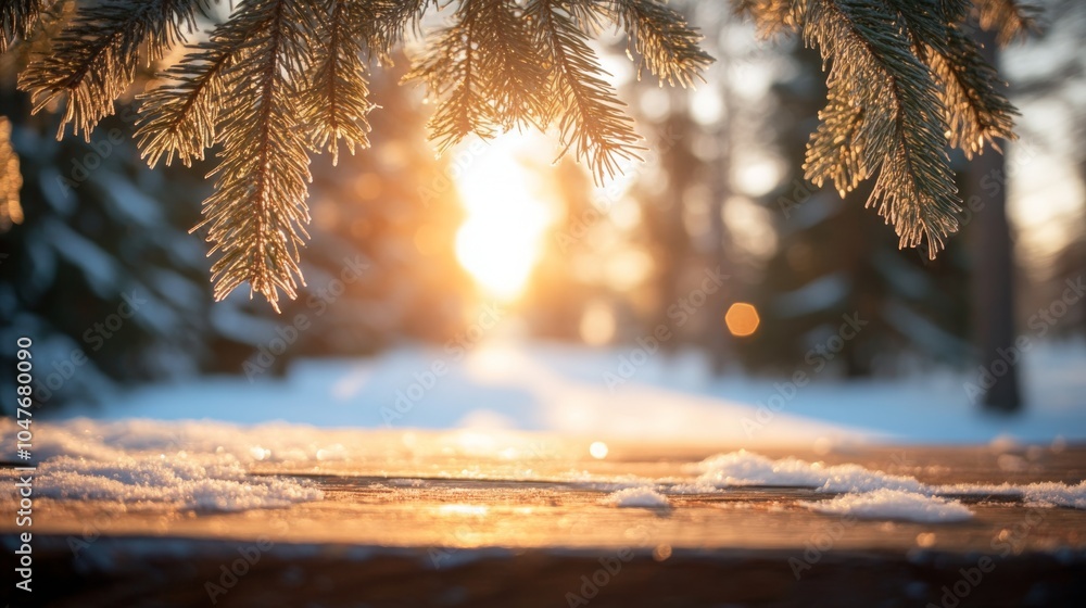 Aufkleber golden sunlight shines through the branches of snow-covered pine trees, creating a serene winter atm