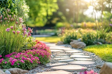 Transform outdoor spaces with vibrant flower beds and stone pathways in a sunlit garden landscape