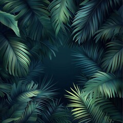 Lush green tropical leaves create a vibrant natural frame in a dark background setting