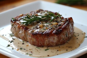 Grilled steak with creamy garlic sauce