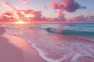 Pink Sky, Azure Ocean, Foamy Wave on Sandy Beach at Sunset