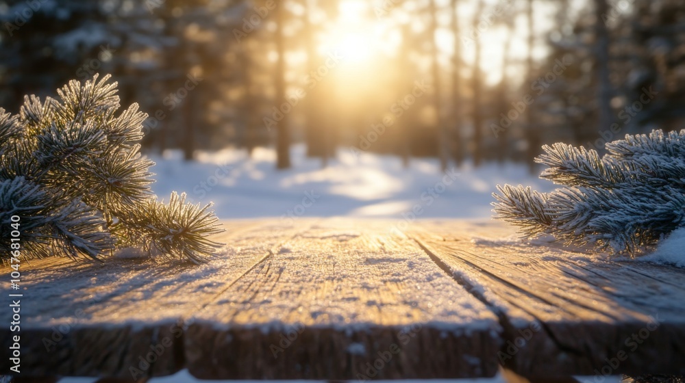 Aufkleber golden sunlight filters through trees in a winter wonderland, illuminating a wooden table adorned wi