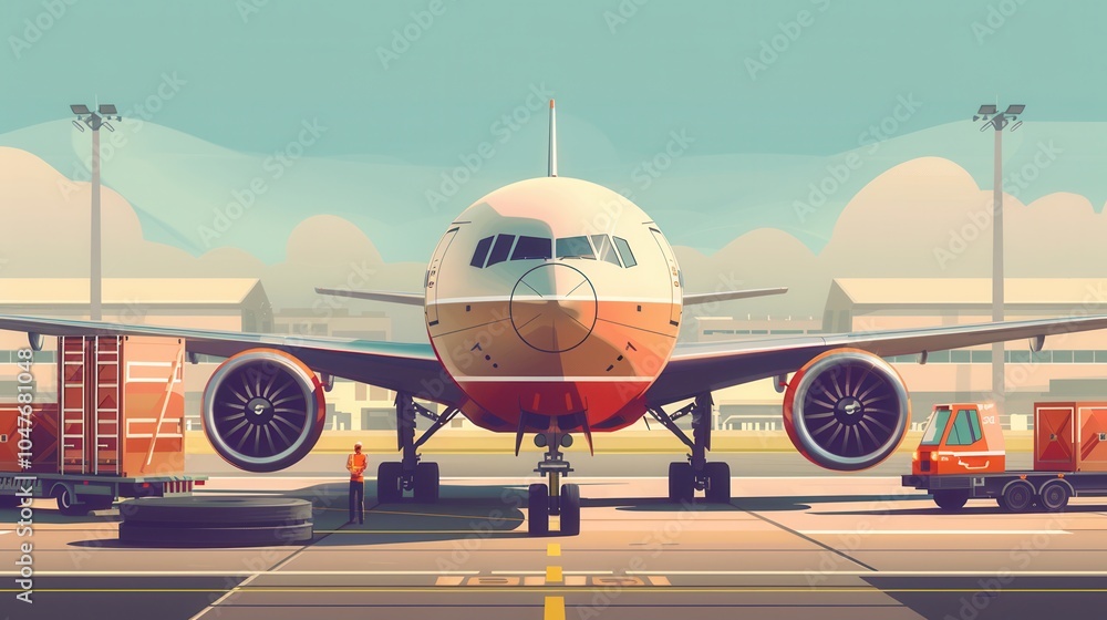 Poster A cargo airplane is on a runway, surrounded by vehicles and equipment for loading and unloading freight in bright daylight. Generative AI