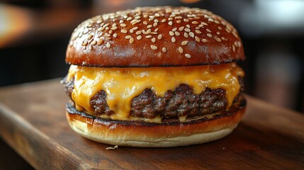 Cheddar-stuffed burger with sesame bun.