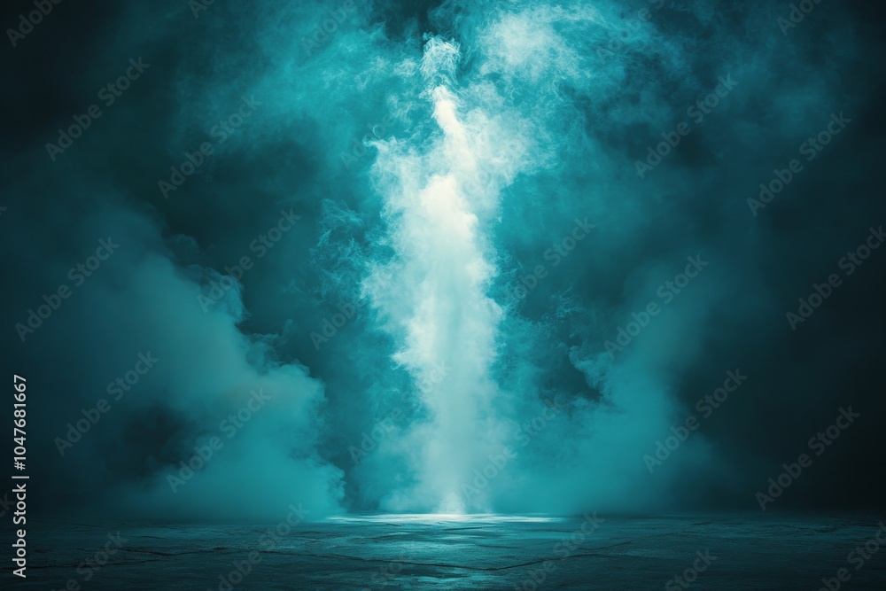 Poster mysterious light beam illuminating a dark misty environment in an abstract setting