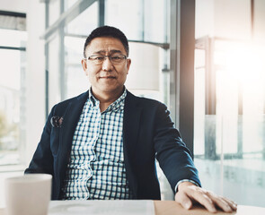 Leadership, mature and asian man in portrait with investment, wealth and business planning at his office. Management ceo, executive or corporate senior manager, person or people with company vision