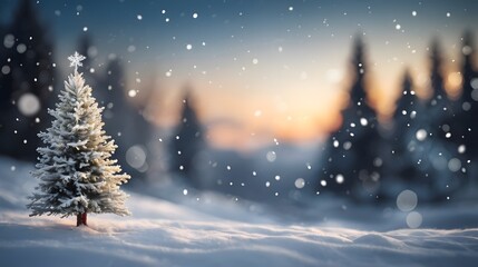 Obraz premium Christmas tree in snow with blur snowy winter forest background, copy space
