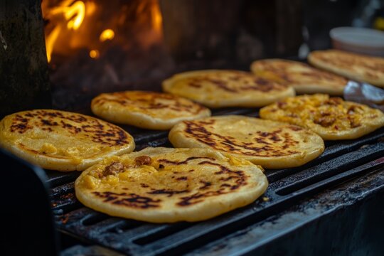 Warm pupusas sizzling on the griddle, filled with savory ingredients, in a bustling street food setting during evening hours