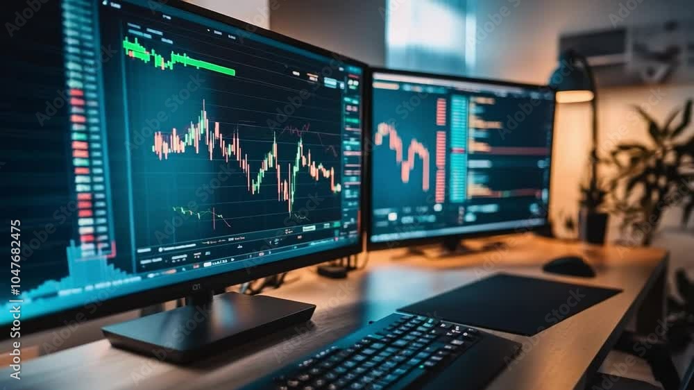 Aufkleber a modern trading setup with dual monitors displaying stock market trends and data analysis in a styl