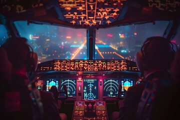 Fototapeta premium View from behind the pilot in the cockpit at night.