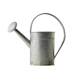 Metal watering can on a white isolated background, perfect for gardening and plant care.