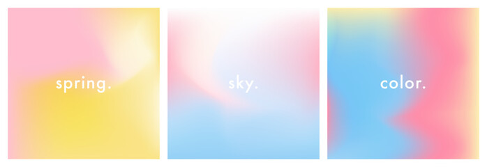 Light blue, yellow and rose pink gradient background. Abstract romantic sky texture. Relax. Wave gradation pattern. Aesthetic bg. Set of 3 square vector gradient background for poster, ig, social post