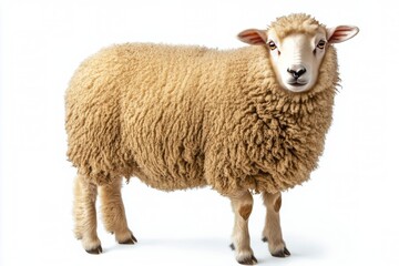 Portrait of a young sheep with snowflakes on its fur in a winter landscape during daylight