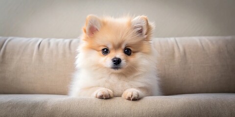 Symmetrical adorable fluffy Pomeranian puppy lying on the couch
