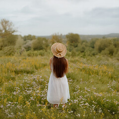 a woman in a long light dress stands in a flowers field against the sky, her back to the camera....