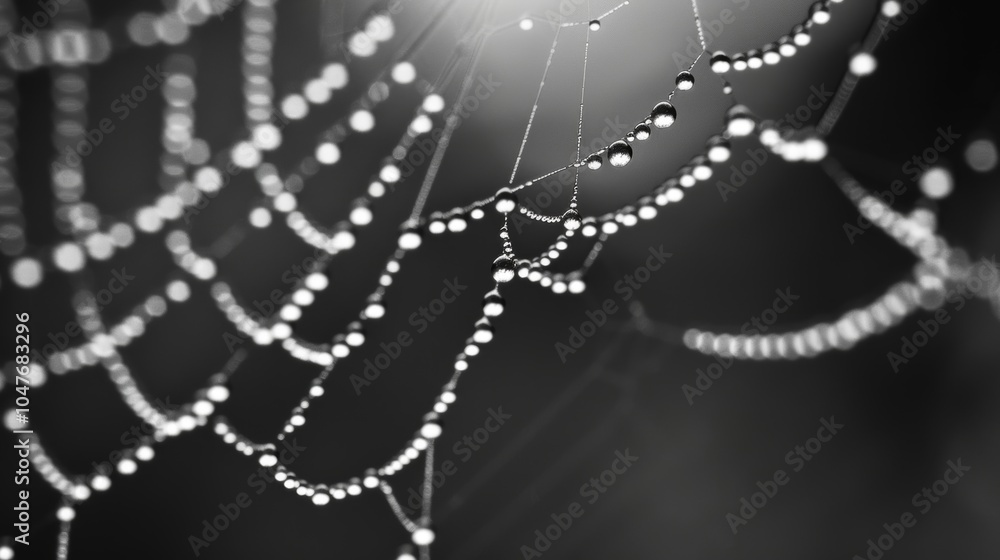 Poster a spider web covered in dew resembling a string of diamonds. black and white art