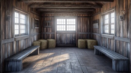 Empty rustic wooden cabin interior with hay bales, wooden benches, and windows.
