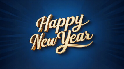 3D "Happy New Year" in luxurious elegant gold text shines brightly against a vibrant blue radial gradient background, illuminated letters, illustration, wallpaper, holiday flyer, poster, graphic