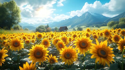 Obraz premium A field of sunflowers basking in the sunlight, with a small house in the distance and majestic mountains on the horizon.