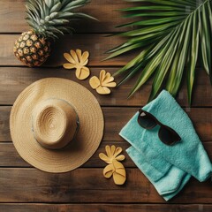 Summer essentials: pineapple, hat, towel, sunglasses, and flip flops on wood.
