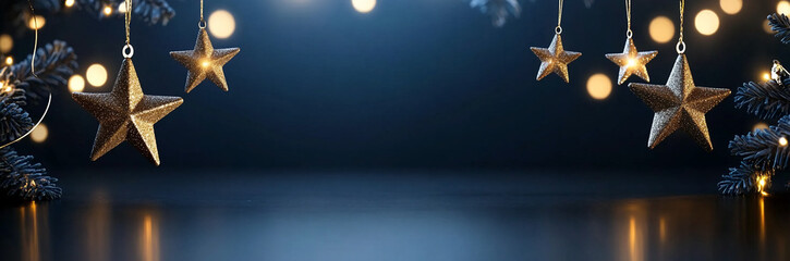Obraz premium Golden star ornaments hang against a dark blue backdrop with blurred lights 