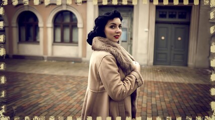 Fototapeta premium Elegant vintage style photograph of a dark-haired woman in a chic fur coat amidst historical architecture